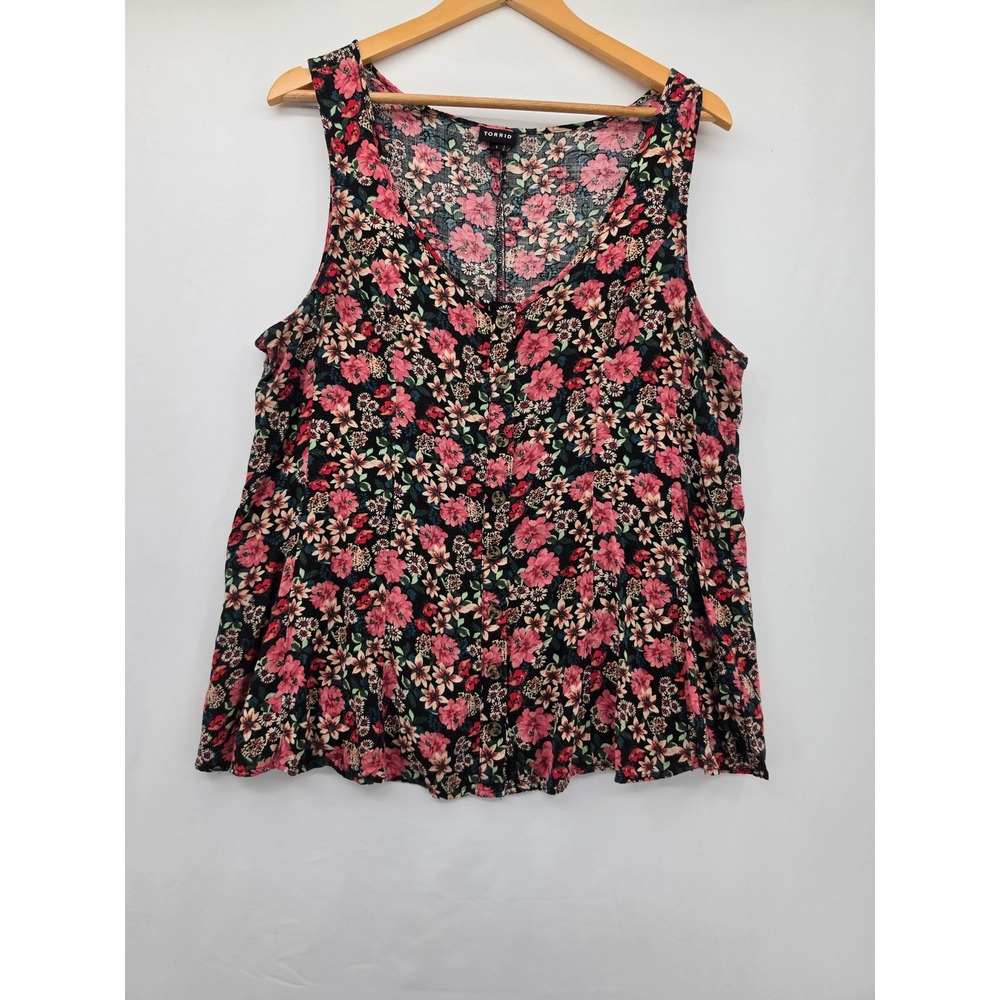 Torrid Floral Button Down Tank Top Plus Size 1 Black Pink Boho Summer Sleeveless